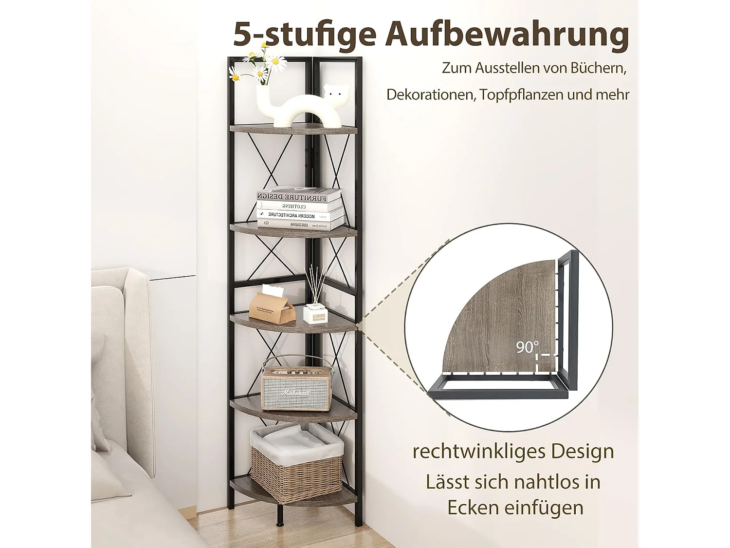 Hoekplank met 5 niveaus, 160 cm hoog, boekenkast, hout, staand rek met metalen frame, opbergplank, voor woonkamer, badkamer, keuken en hal (eikengrijs)VH34223