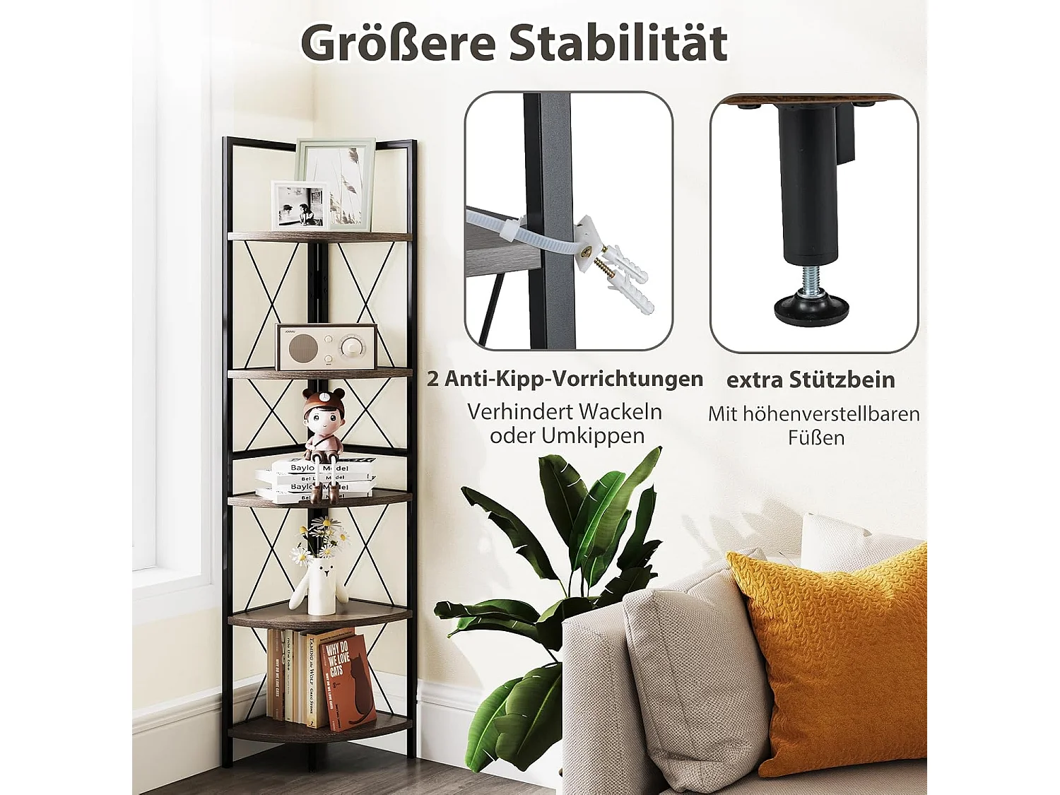 Hoekplank met 5 niveaus, 160 cm hoog, boekenkast, hout, staand rek met metalen frame, opbergplank, voor woonkamer, badkamer, keuken en hal (eikengrijs)VH34223