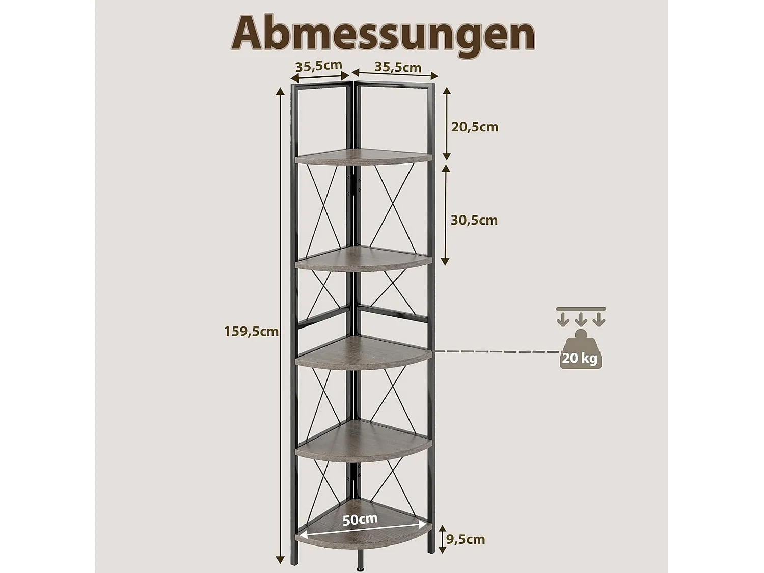 Hoekplank met 5 niveaus, 160 cm hoog, boekenkast, hout, staand rek met metalen frame, opbergplank, voor woonkamer, badkamer, keuken en hal (eikengrijs)VH34223