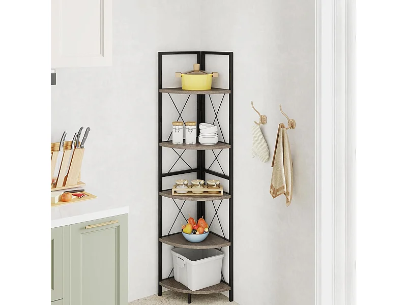 Hoekplank met 5 niveaus, 160 cm hoog, boekenkast, hout, staand rek met metalen frame, opbergplank, voor woonkamer, badkamer, keuken en hal (eikengrijs)VH34223