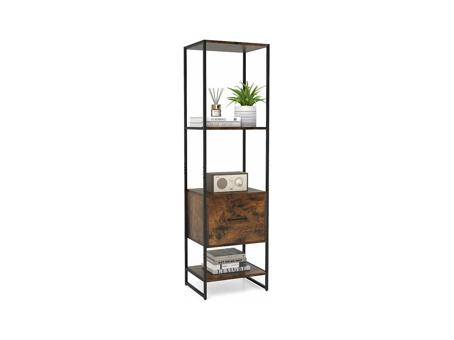 Boekenkast met 5 verdiepingen, boekenkast met open planken en metalen frame, staand rek, industrieel, opbergrek voor woonkamer, 45 x 35 x 160 cm (bruin)VH33143