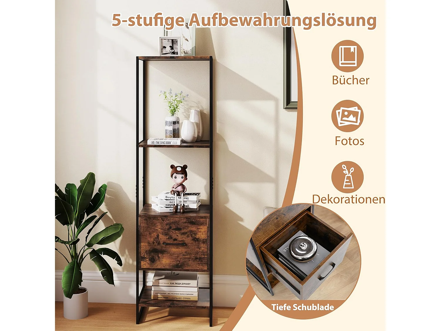 Boekenkast met 5 verdiepingen, boekenkast met open planken en metalen frame, staand rek, industrieel, opbergrek voor woonkamer, 45 x 35 x 160 cm (bruin)VH33143