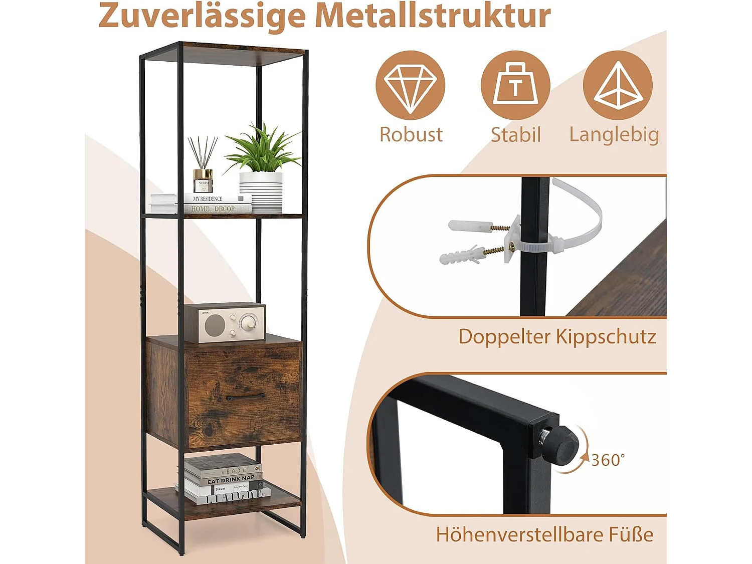 Boekenkast met 5 verdiepingen, boekenkast met open planken en metalen frame, staand rek, industrieel, opbergrek voor woonkamer, 45 x 35 x 160 cm (bruin)VH33143