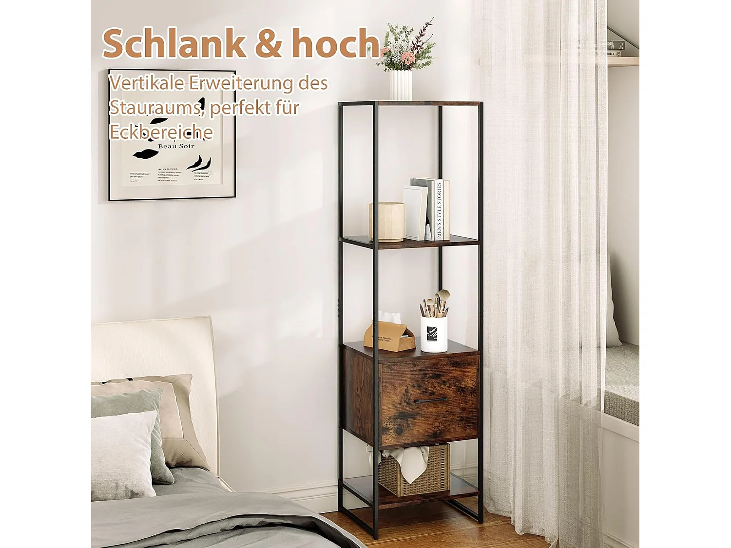 Boekenkast met 5 verdiepingen, boekenkast met open planken en metalen frame, staand rek, industrieel, opbergrek voor woonkamer, 45 x 35 x 160 cm (bruin)VH33143