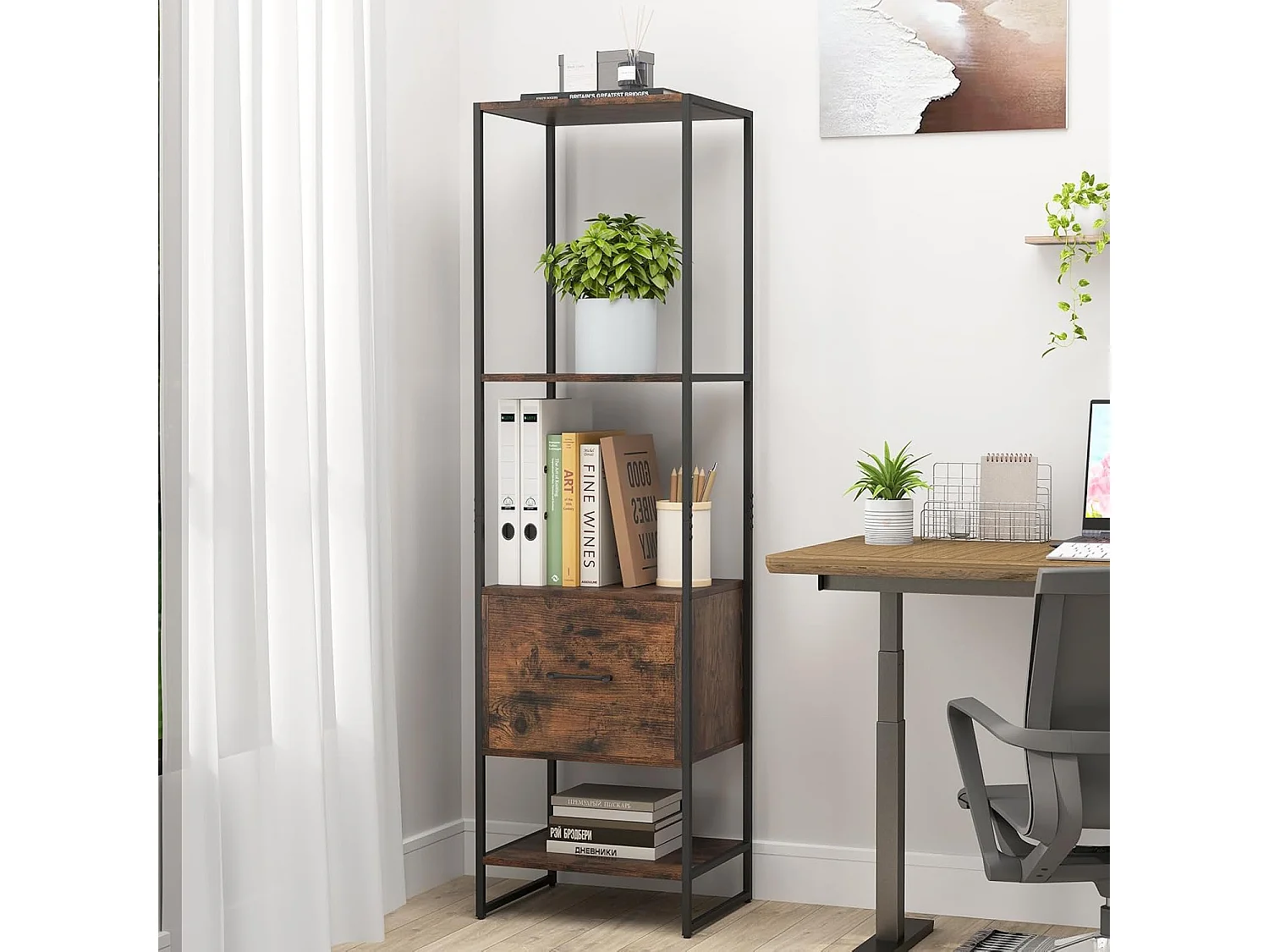 Boekenkast met 5 verdiepingen, boekenkast met open planken en metalen frame, staand rek, industrieel, opbergrek voor woonkamer, 45 x 35 x 160 cm (bruin)VH33143