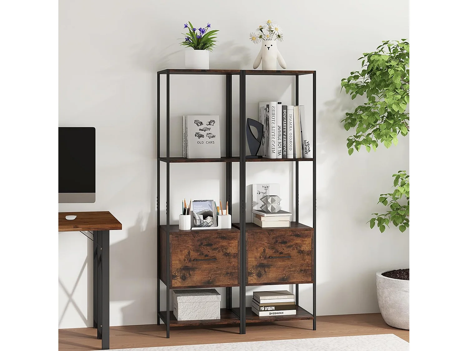 Boekenkast met 5 verdiepingen, boekenkast met open planken en metalen frame, staand rek, industrieel, opbergrek voor woonkamer, 45 x 35 x 160 cm (bruin)VH33143