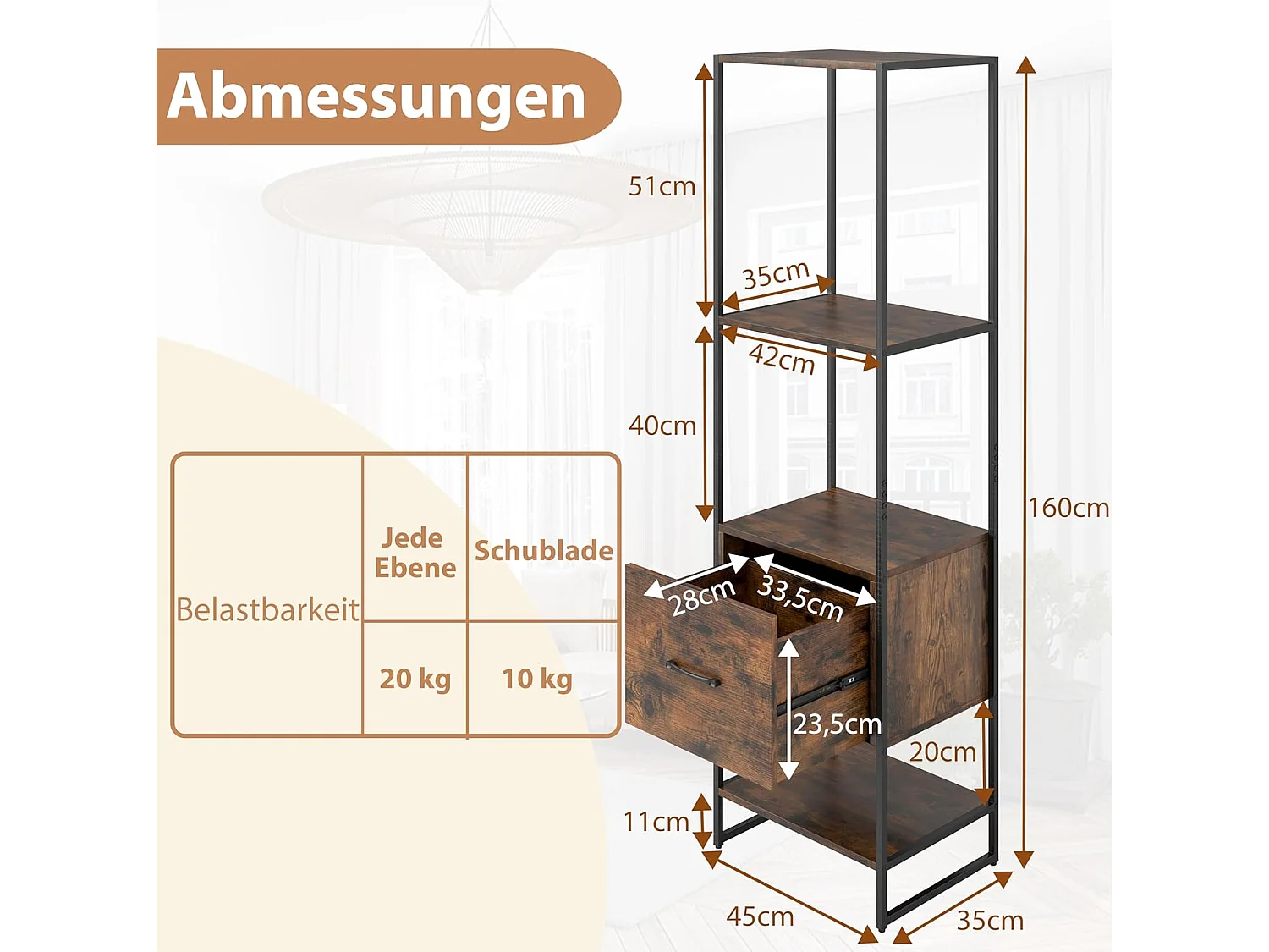 Boekenkast met 5 verdiepingen, boekenkast met open planken en metalen frame, staand rek, industrieel, opbergrek voor woonkamer, 45 x 35 x 160 cm (bruin)VH33143