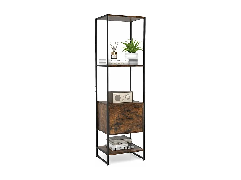Boekenkast met 5 verdiepingen, boekenkast met open planken en metalen frame, staand rek, industrieel, opbergrek voor woonkamer, 45 x 35 x 160 cm (bruin)VH33143