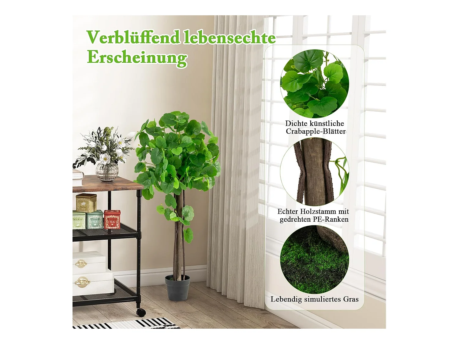 Kunstplant 110 cm, kunstplant sierappelboom, kunstboom met pot,groene planten met realistische bladeren en houten stam,kamerplant voor thuis,kantoor,groen(1 stuks)