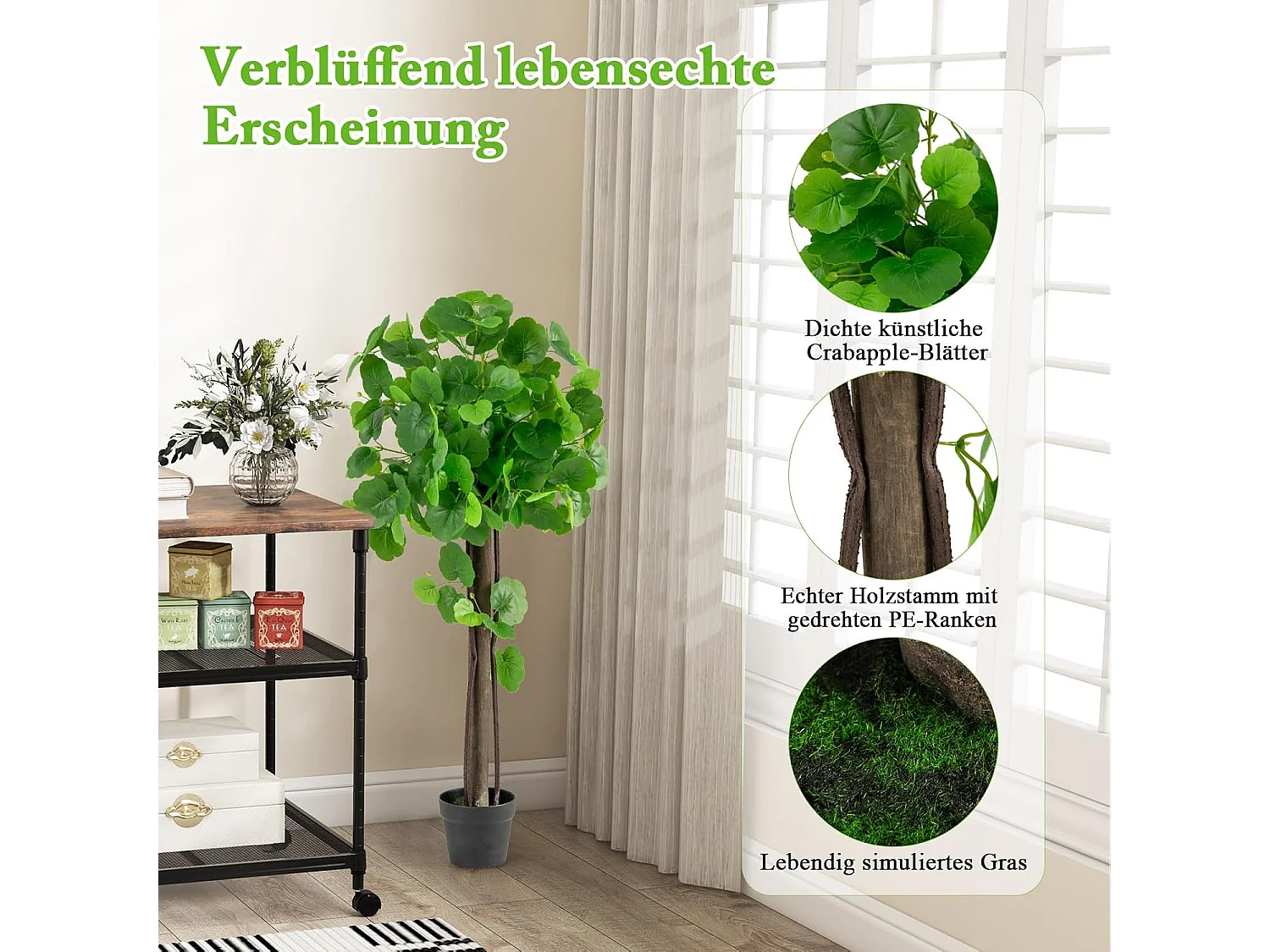 Kunstplant 110 cm, kunstplant sierappelboom, kunstboom met pot,groene planten met realistische bladeren en houten stam,kamerplant voor thuis,kantoor,groen(1 stuks)