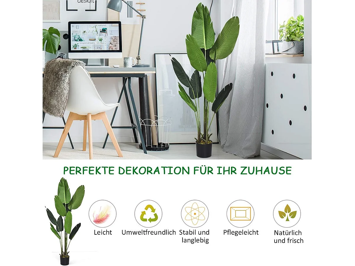 160 cm kunstplant tropische palm, kunstmatige Monstera, slangenplant, kamerplant met stevige pot en 10 bladeren, groene plant voor tuin, kantoor, kamerdecoratie