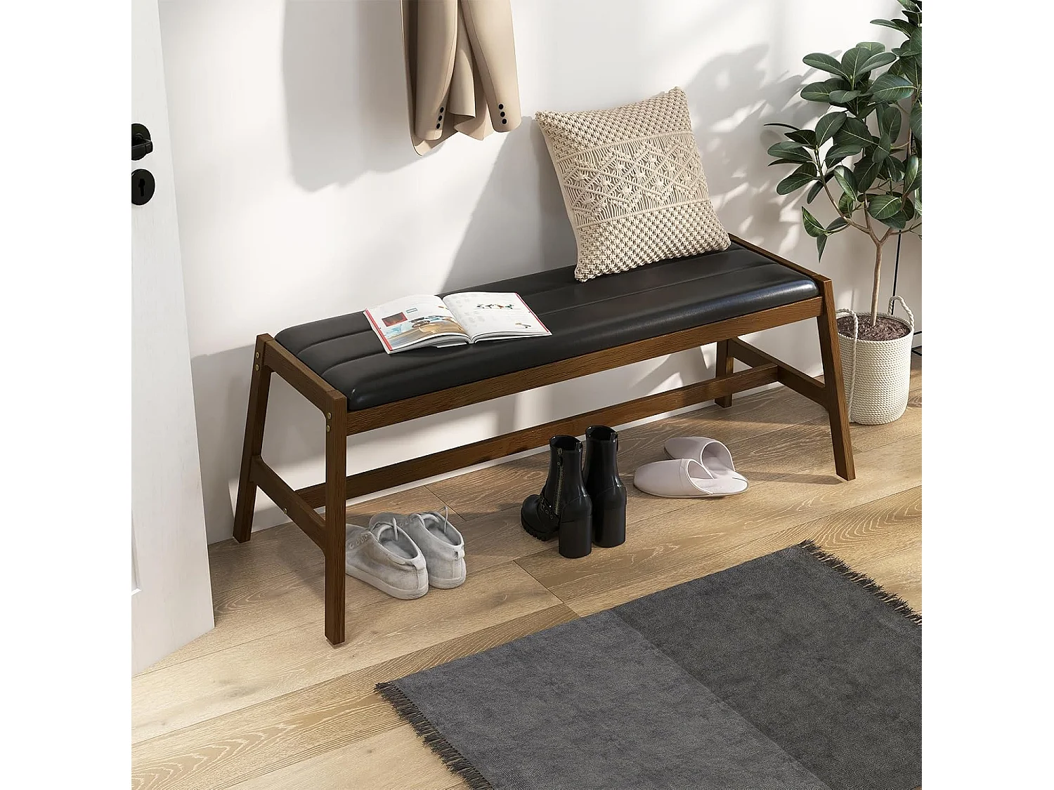 Zitbank, eetkamerbank, gestoffeerde bank, rubberhouten frame, entree bank om schoenen te wisselen, houten bank voor woonkamer, slaapkamer, eetkamerVH33703