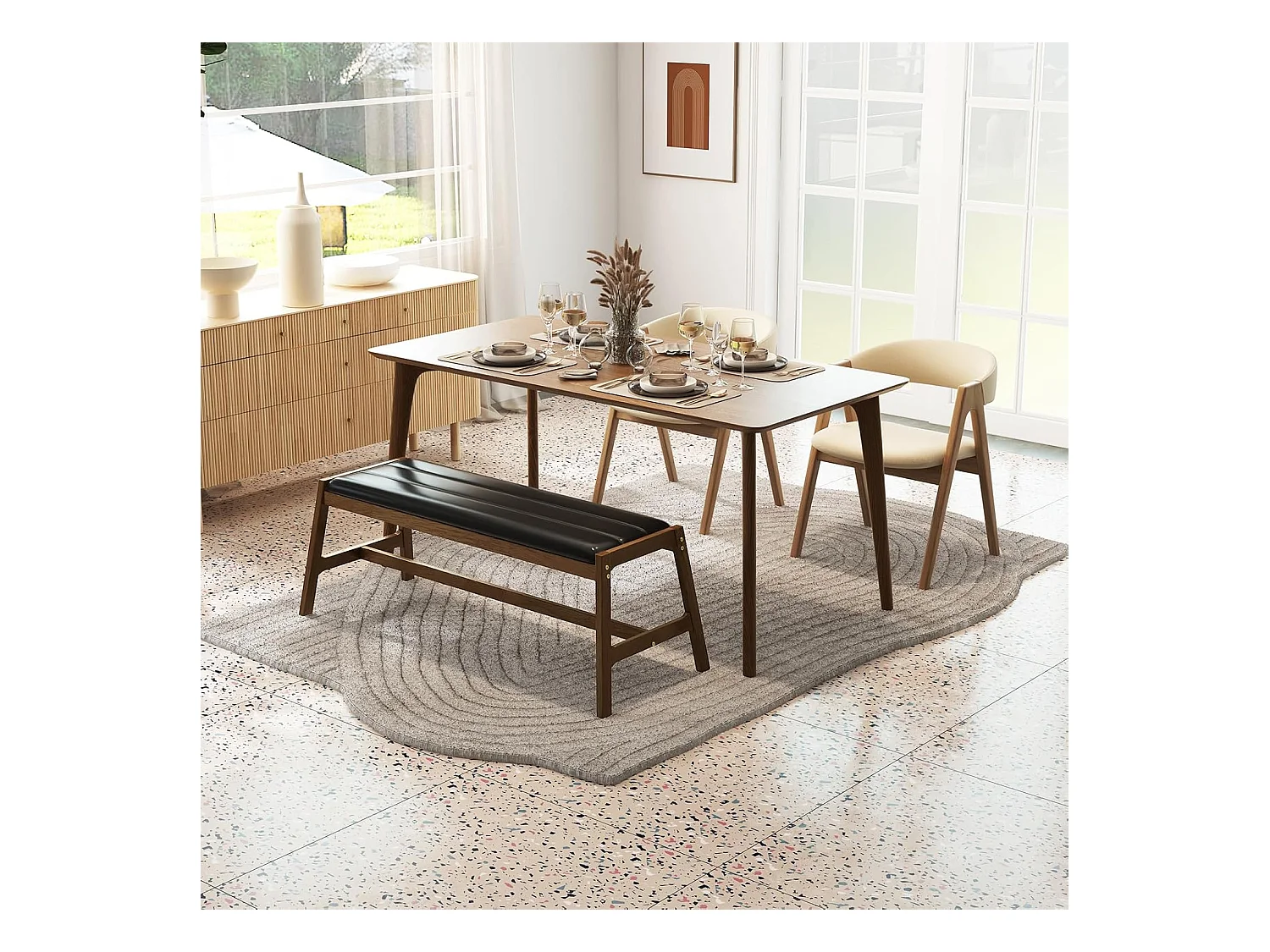 Zitbank, eetkamerbank, gestoffeerde bank, rubberhouten frame, entree bank om schoenen te wisselen, houten bank voor woonkamer, slaapkamer, eetkamerVH33703