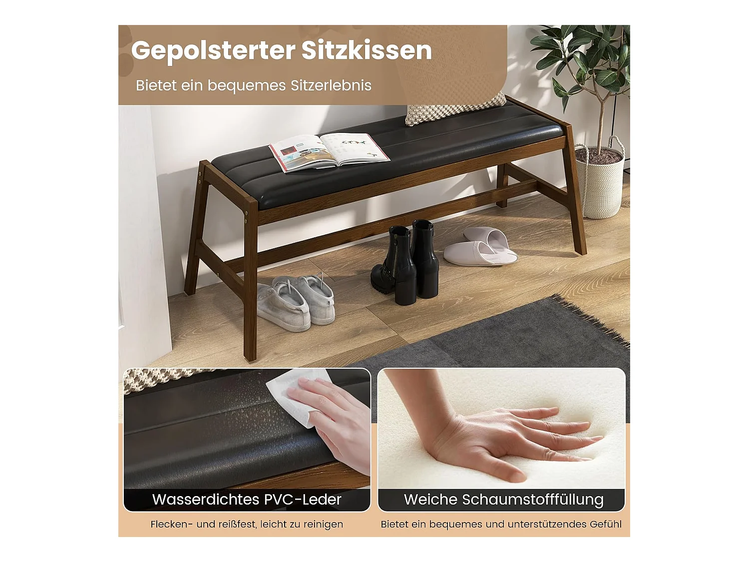 Zitbank, eetkamerbank, gestoffeerde bank, rubberhouten frame, entree bank om schoenen te wisselen, houten bank voor woonkamer, slaapkamer, eetkamerVH33703