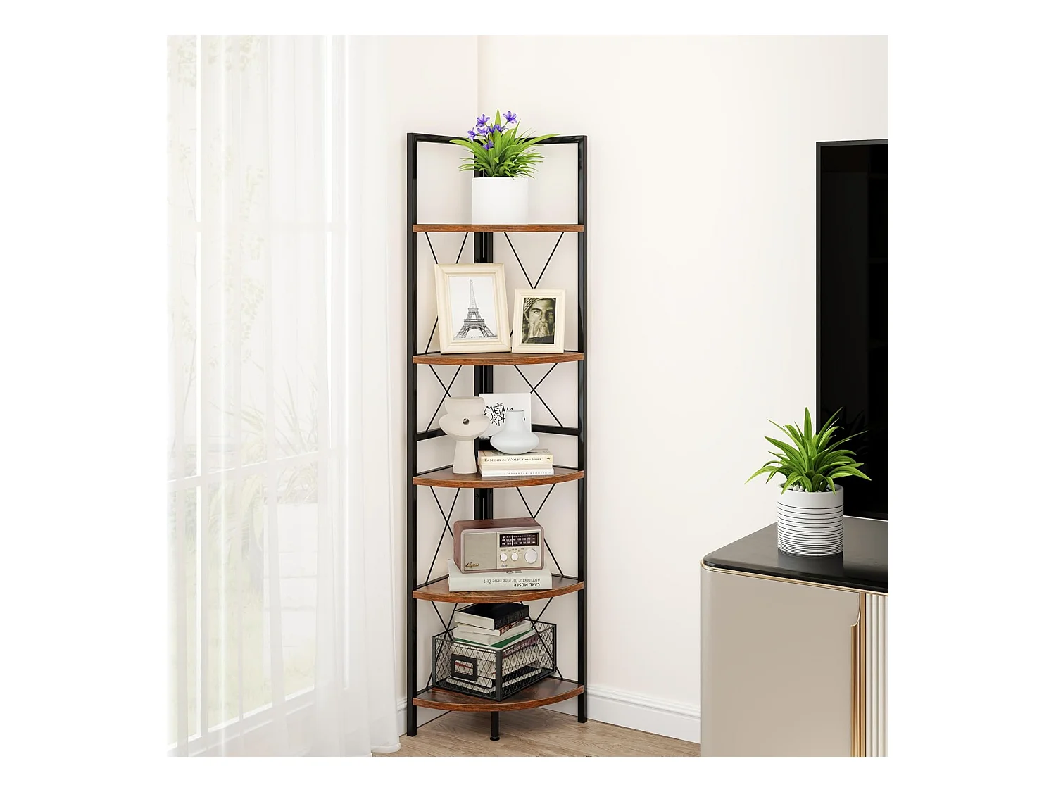 Hoekplank met 5 niveaus, 160 cm hoog, boekenkast, hout, staand rek met metalen frame, opbergrek, voor woonkamer, badkamer, keuken en hal (vintage)