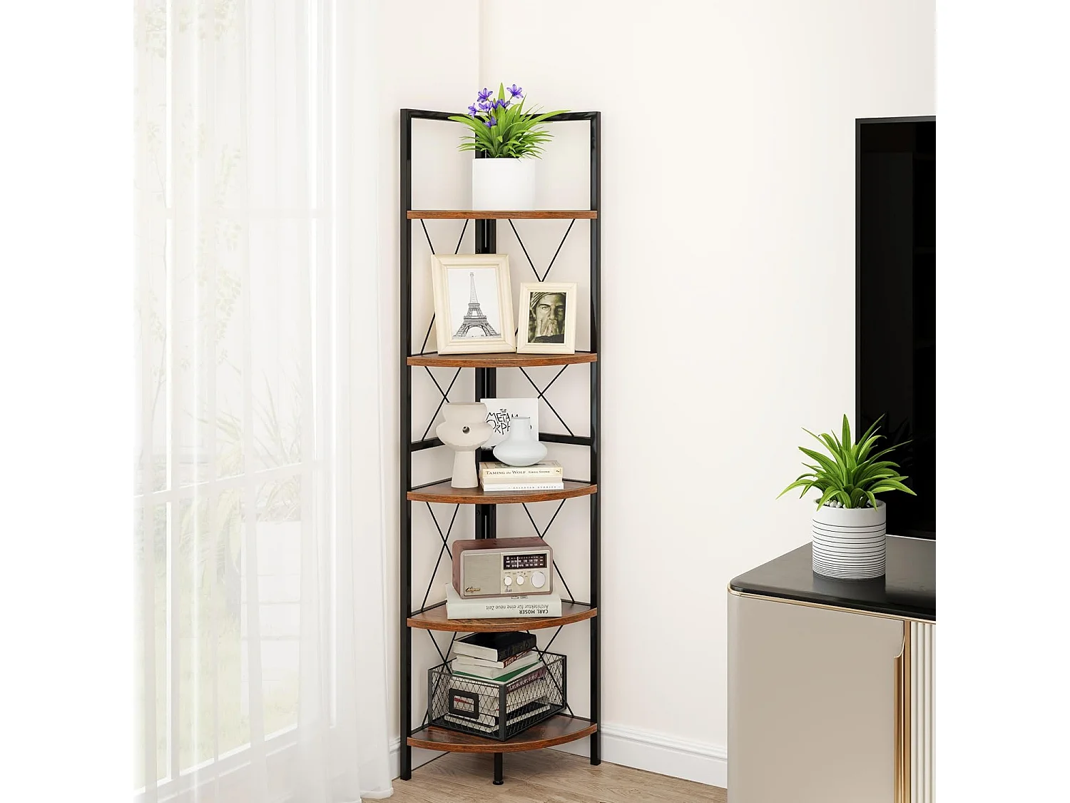 Hoekplank met 5 niveaus, 160 cm hoog, boekenkast, hout, staand rek met metalen frame, opbergrek, voor woonkamer, badkamer, keuken en hal (vintage)