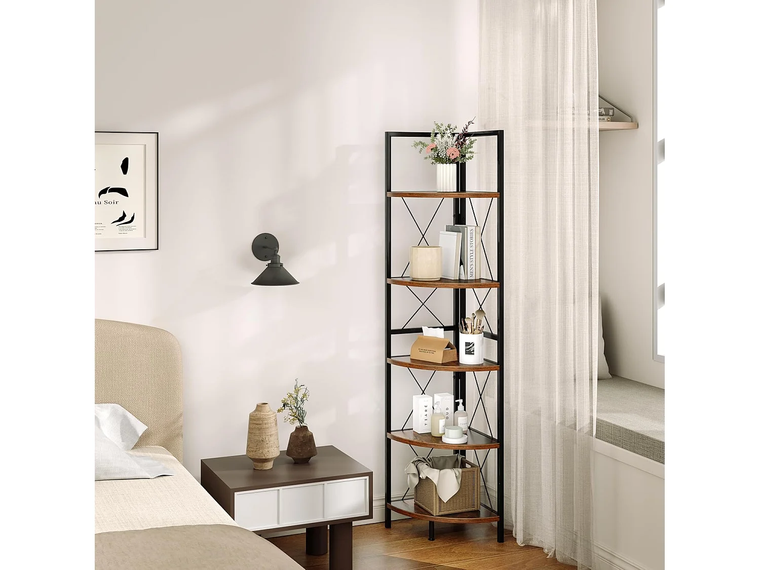 Hoekplank met 5 niveaus, 160 cm hoog, boekenkast, hout, staand rek met metalen frame, opbergrek, voor woonkamer, badkamer, keuken en hal (vintage)