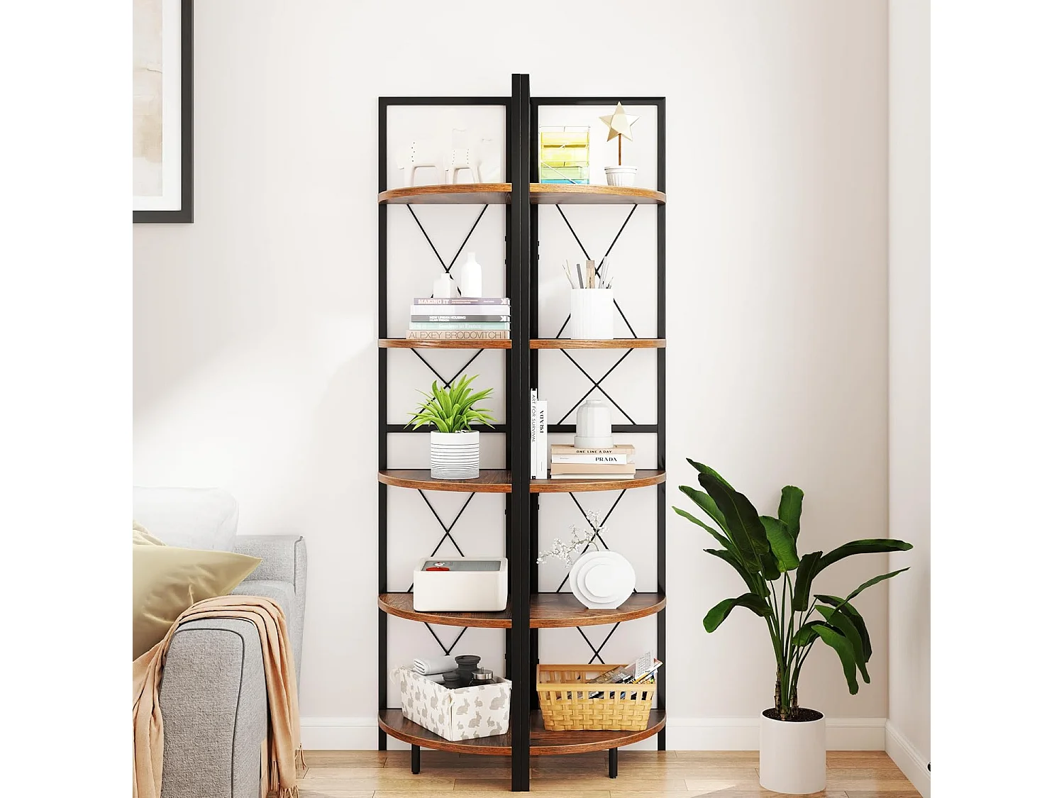 Hoekplank met 5 niveaus, 160 cm hoog, boekenkast, hout, staand rek met metalen frame, opbergrek, voor woonkamer, badkamer, keuken en hal (vintage)