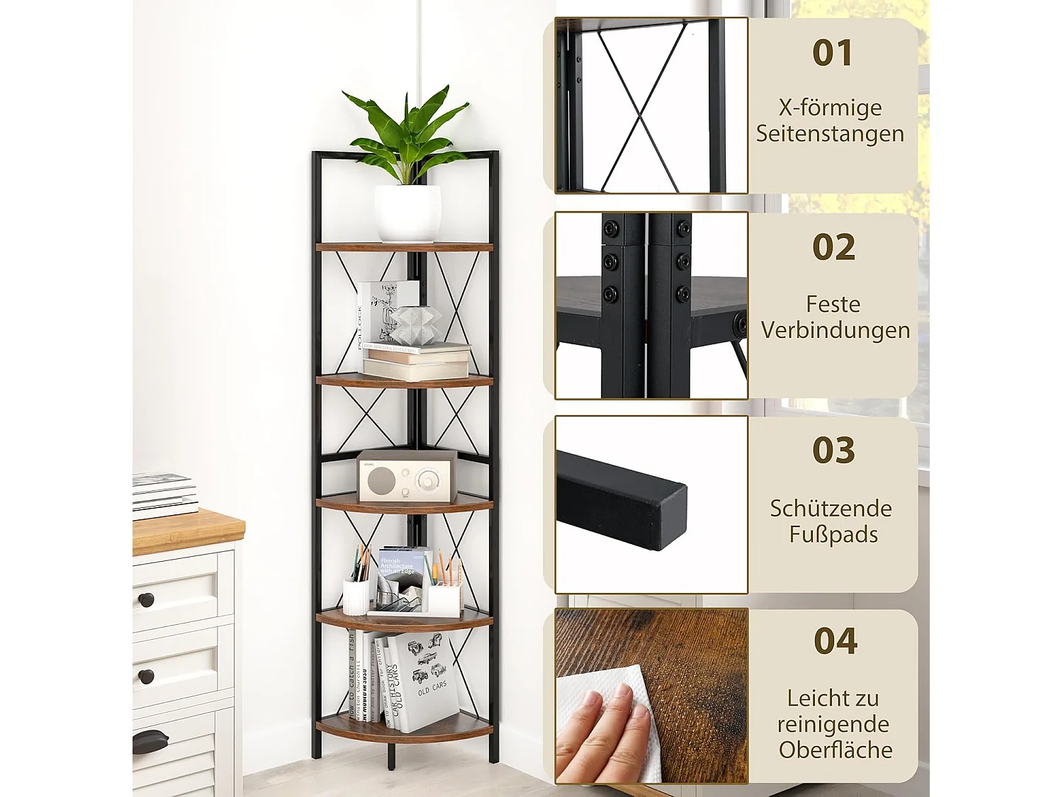 Hoekplank met 5 niveaus, 160 cm hoog, boekenkast, hout, staand rek met metalen frame, opbergrek, voor woonkamer, badkamer, keuken en hal (vintage)