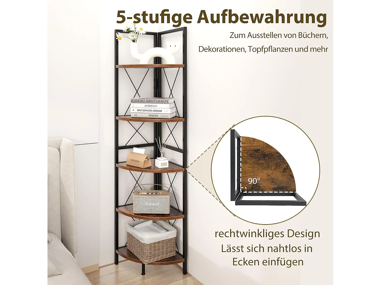 Hoekplank met 5 niveaus, 160 cm hoog, boekenkast, hout, staand rek met metalen frame, opbergrek, voor woonkamer, badkamer, keuken en hal (vintage)