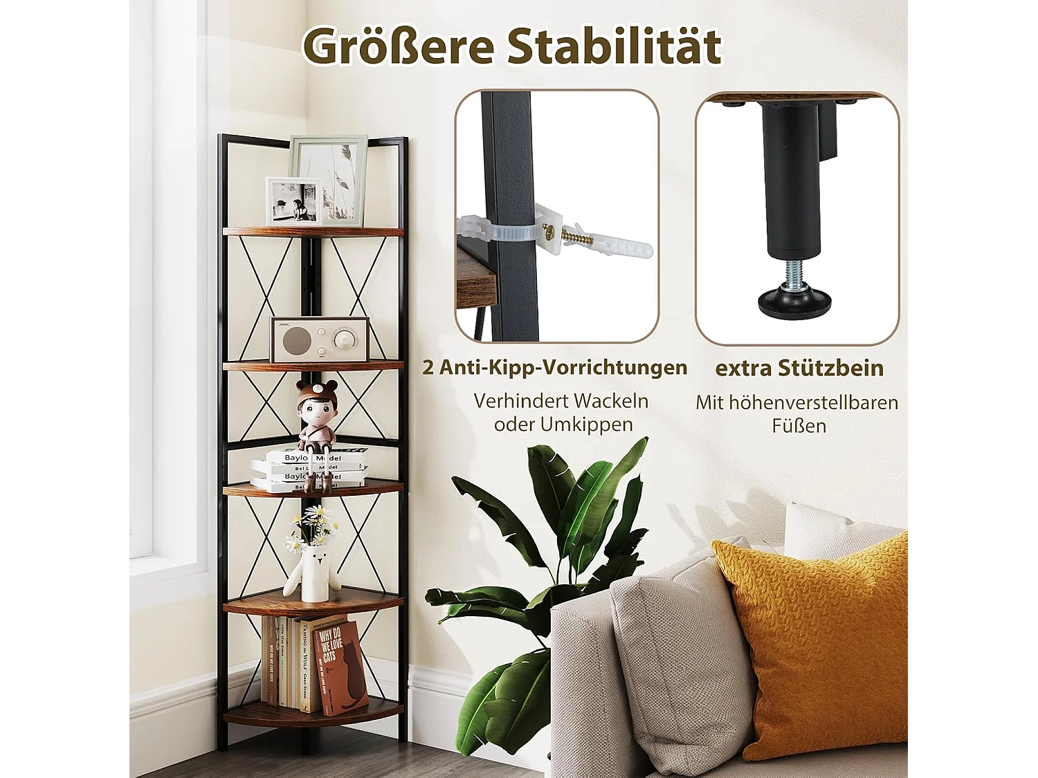 Hoekplank met 5 niveaus, 160 cm hoog, boekenkast, hout, staand rek met metalen frame, opbergrek, voor woonkamer, badkamer, keuken en hal (vintage)