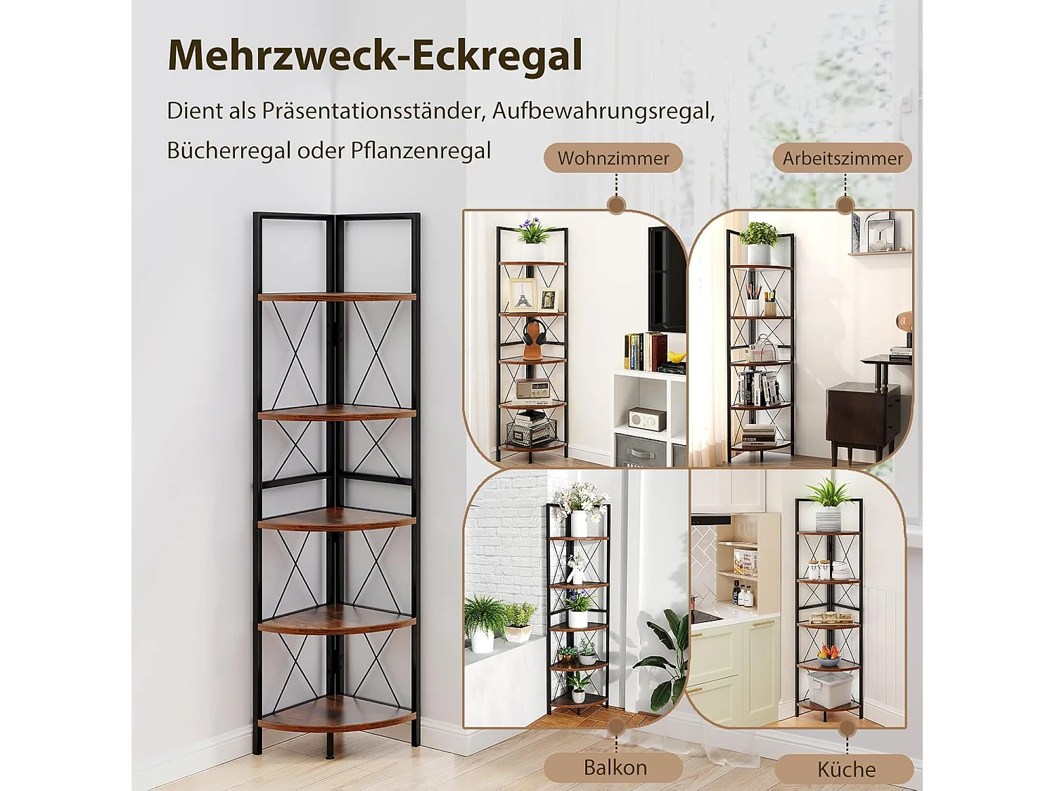 Hoekplank met 5 niveaus, 160 cm hoog, boekenkast, hout, staand rek met metalen frame, opbergrek, voor woonkamer, badkamer, keuken en hal (vintage)