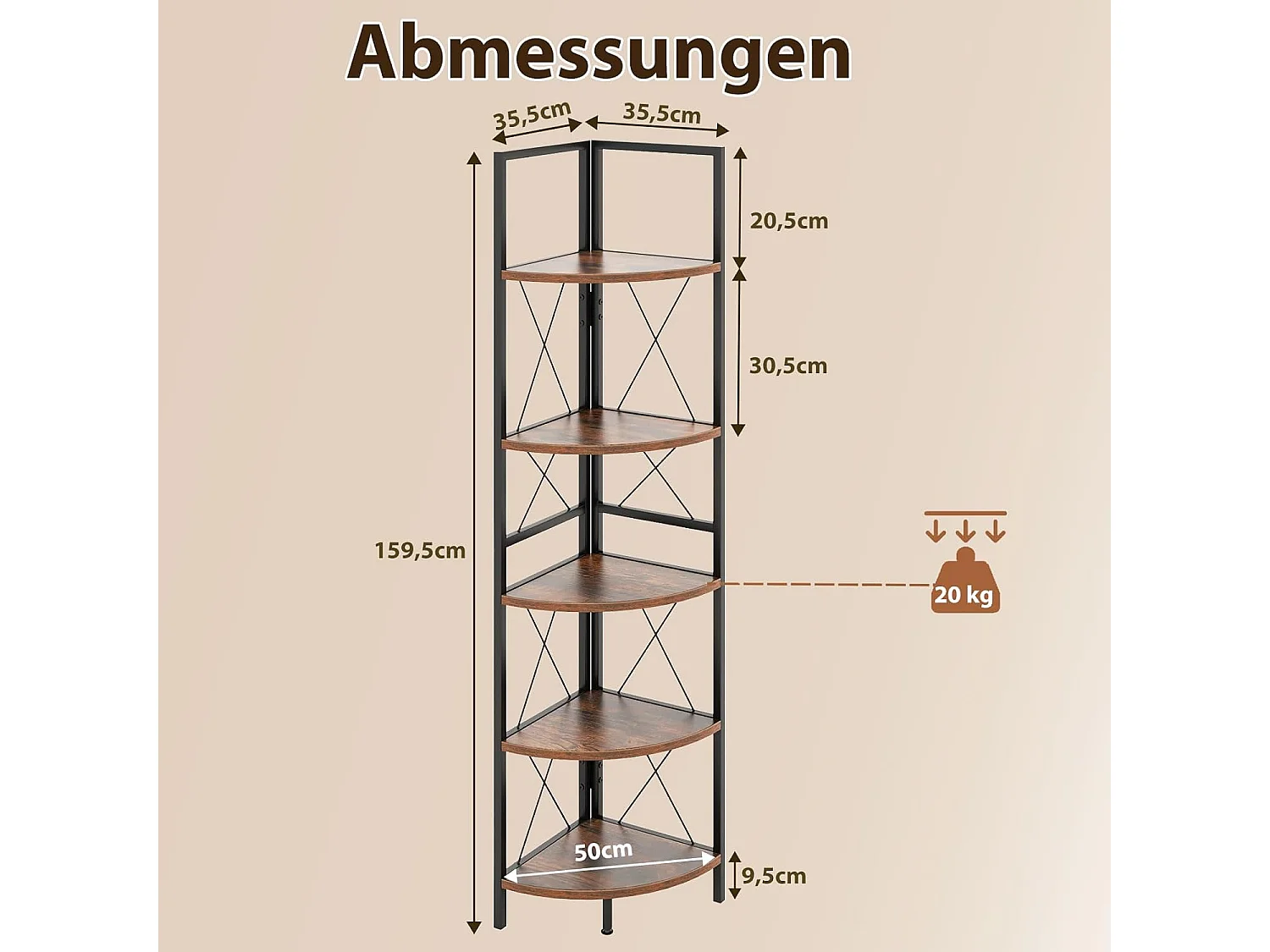 Hoekplank met 5 niveaus, 160 cm hoog, boekenkast, hout, staand rek met metalen frame, opbergrek, voor woonkamer, badkamer, keuken en hal (vintage)