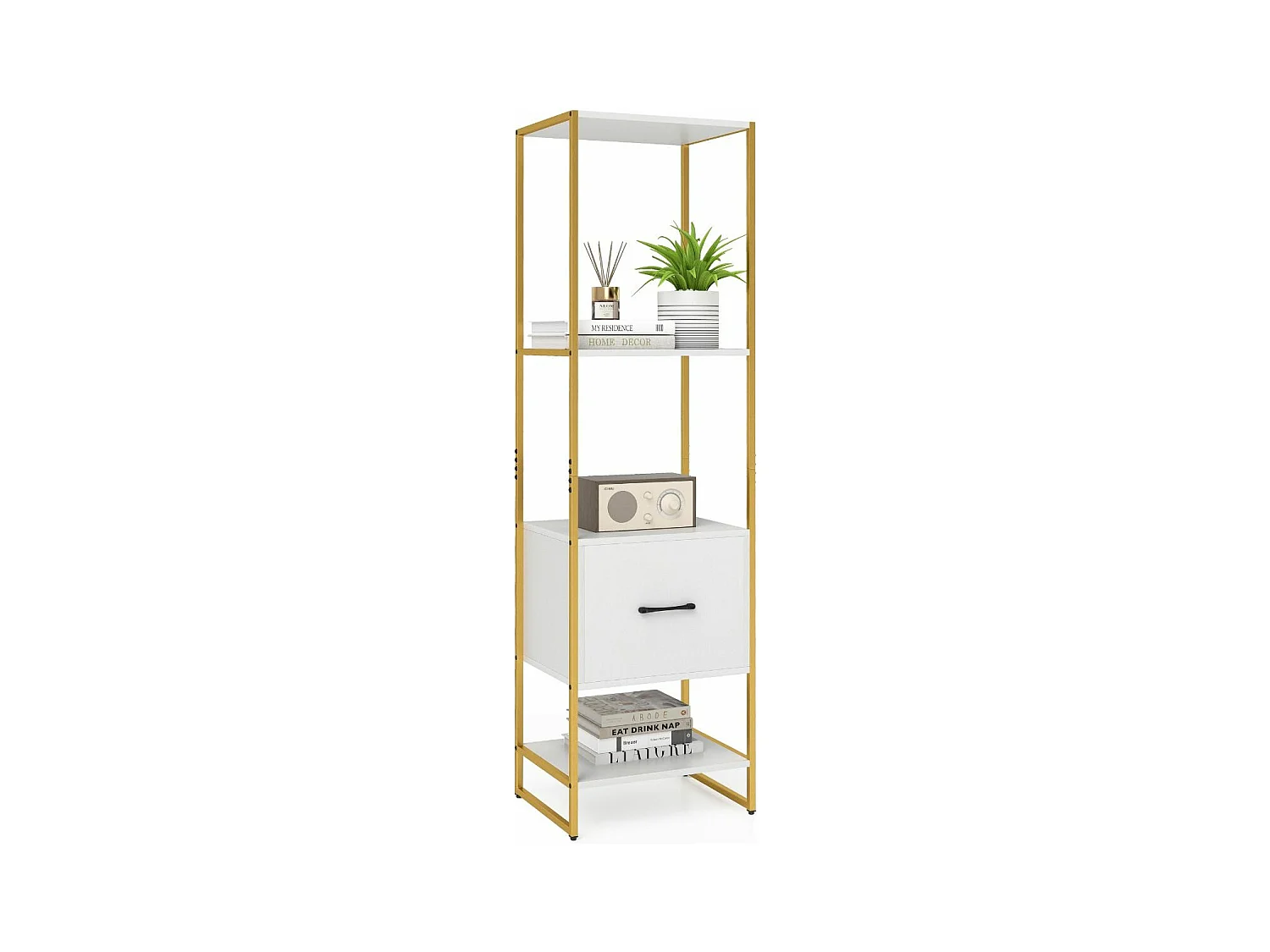 Boekenkast met 5 verdiepingen, boekenkast met open planken en metalen frame, staand rek,opbergrek voor woonkamer, slaapkamer, 45 x 35 x 160 cm (wit)VH33143