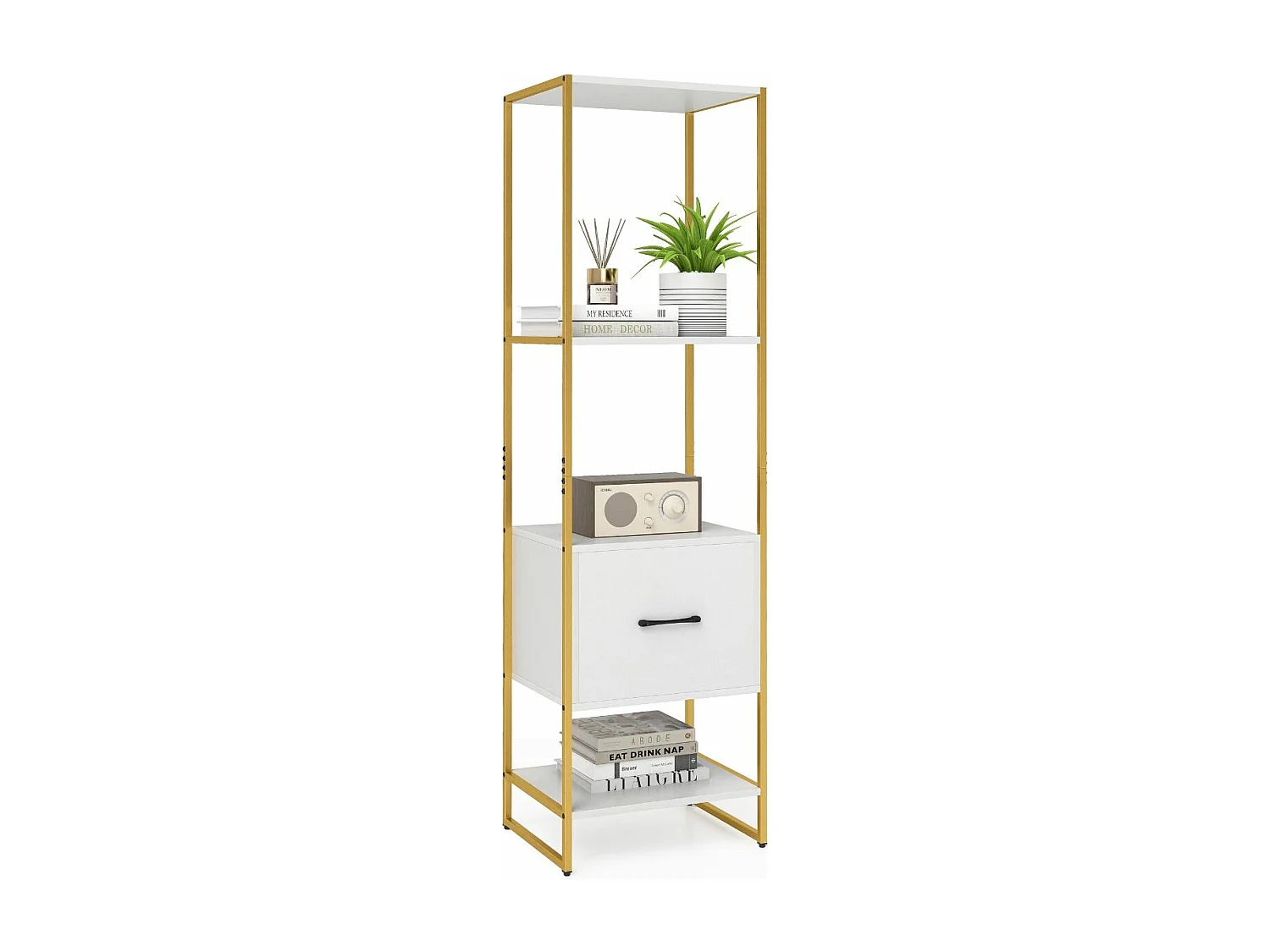 Boekenkast met 5 verdiepingen, boekenkast met open planken en metalen frame, staand rek,opbergrek voor woonkamer, slaapkamer, 45 x 35 x 160 cm (wit)VH33143