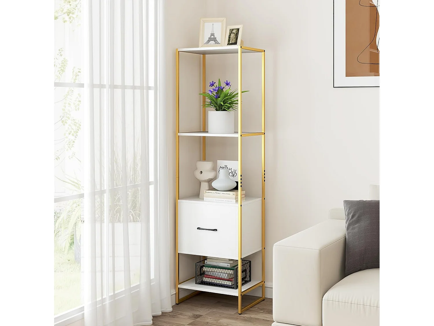 Boekenkast met 5 verdiepingen, boekenkast met open planken en metalen frame, staand rek,opbergrek voor woonkamer, slaapkamer, 45 x 35 x 160 cm (wit)VH33143