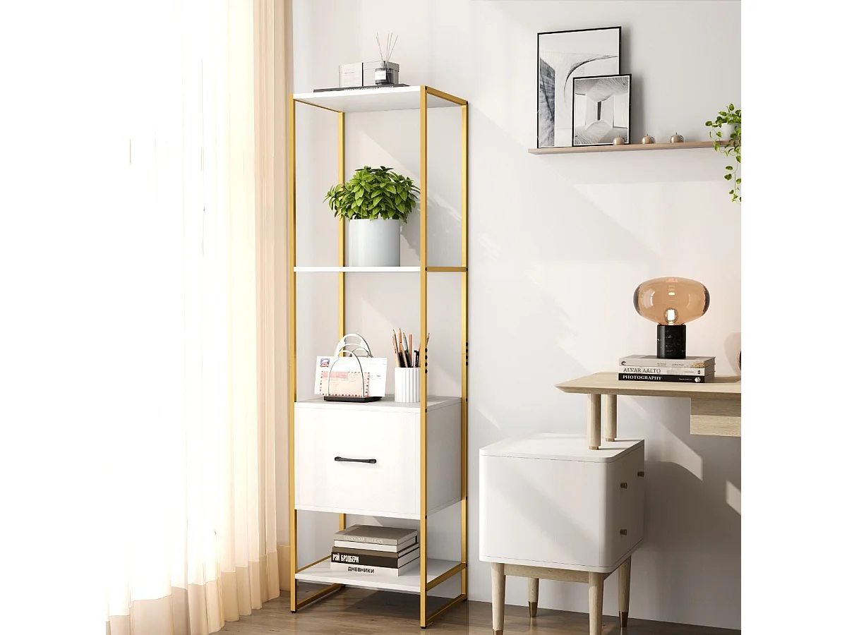 Boekenkast met 5 verdiepingen, boekenkast met open planken en metalen frame, staand rek,opbergrek voor woonkamer, slaapkamer, 45 x 35 x 160 cm (wit)VH33143