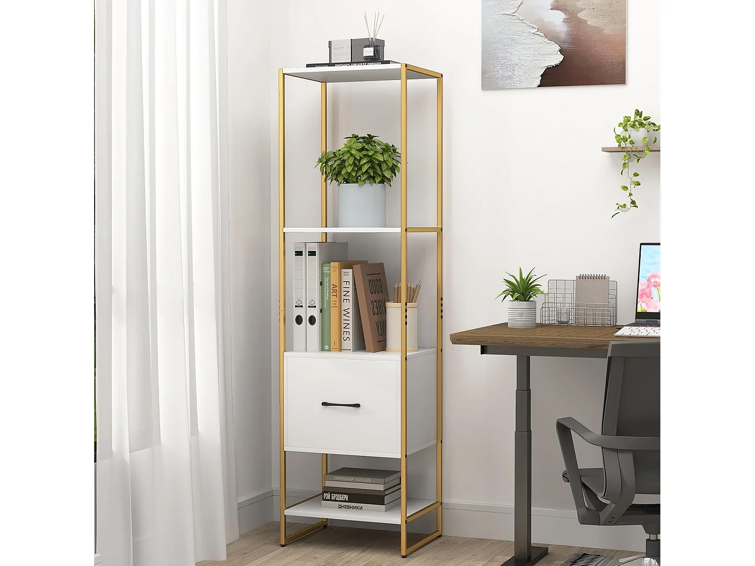 Boekenkast met 5 verdiepingen, boekenkast met open planken en metalen frame, staand rek,opbergrek voor woonkamer, slaapkamer, 45 x 35 x 160 cm (wit)VH33143