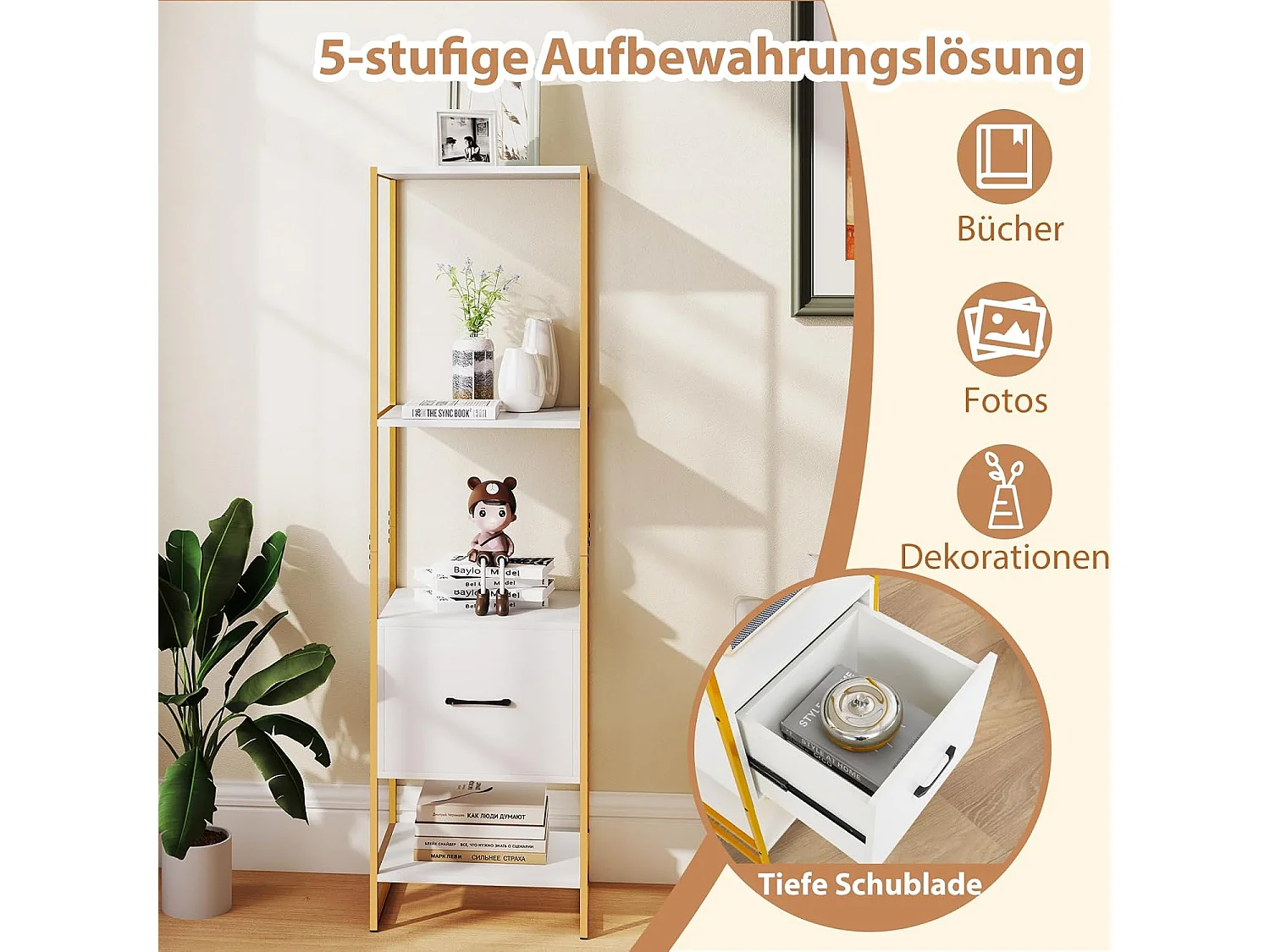 Boekenkast met 5 verdiepingen, boekenkast met open planken en metalen frame, staand rek,opbergrek voor woonkamer, slaapkamer, 45 x 35 x 160 cm (wit)VH33143