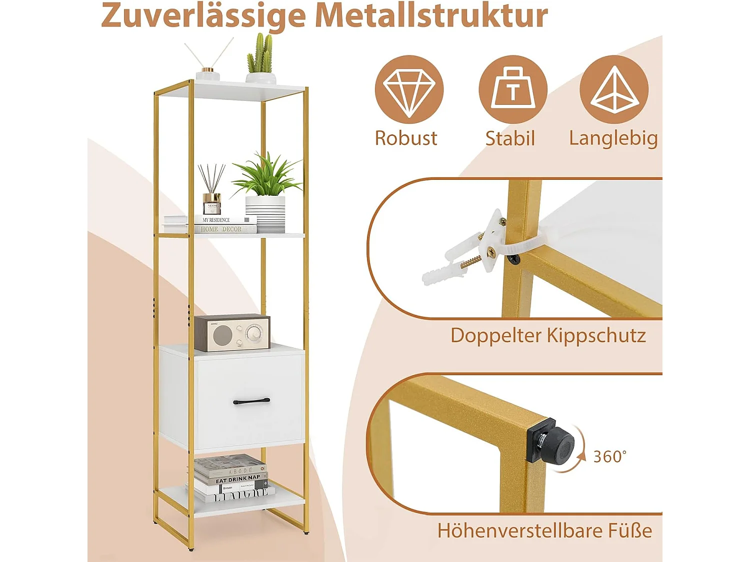 Boekenkast met 5 verdiepingen, boekenkast met open planken en metalen frame, staand rek,opbergrek voor woonkamer, slaapkamer, 45 x 35 x 160 cm (wit)VH33143