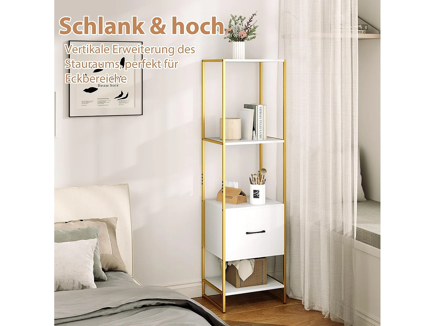Boekenkast met 5 verdiepingen, boekenkast met open planken en metalen frame, staand rek,opbergrek voor woonkamer, slaapkamer, 45 x 35 x 160 cm (wit)VH33143