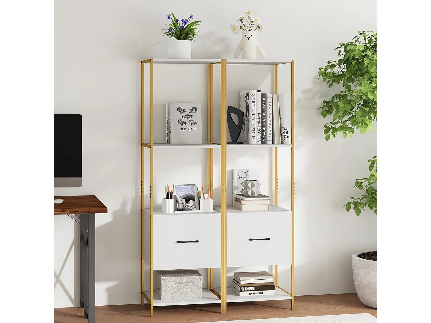 Boekenkast met 5 verdiepingen, boekenkast met open planken en metalen frame, staand rek,opbergrek voor woonkamer, slaapkamer, 45 x 35 x 160 cm (wit)VH33143