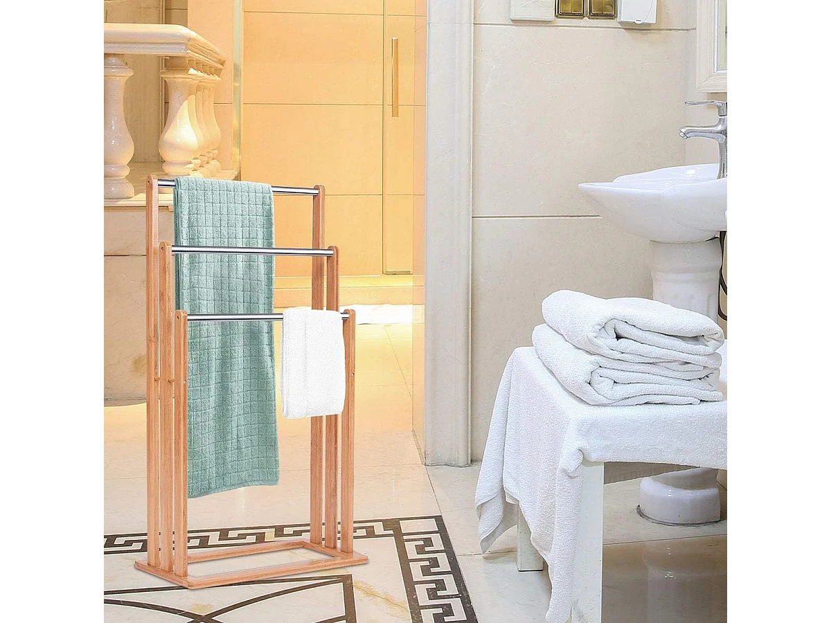 Vrijstaand handdoekenrek, Stevig bamboe handdoekenrek, badkamer organizer met 3 handdoekenrekken, handdoekenrek gemaakt van bamboe en roestvrij staal