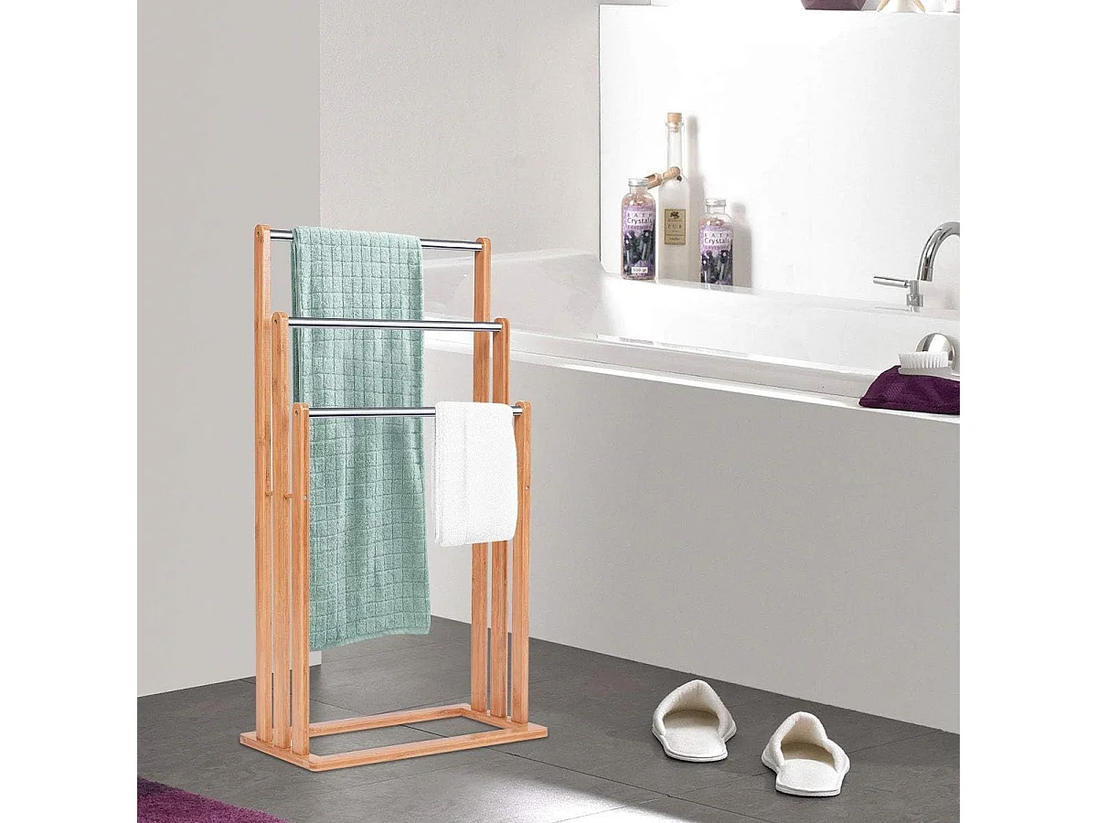 Vrijstaand handdoekenrek, Stevig bamboe handdoekenrek, badkamer organizer met 3 handdoekenrekken, handdoekenrek gemaakt van bamboe en roestvrij staal