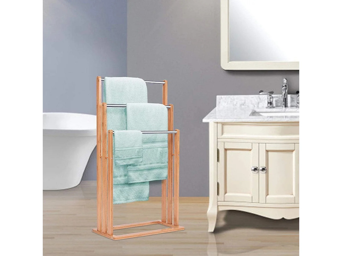 Vrijstaand handdoekenrek, Stevig bamboe handdoekenrek, badkamer organizer met 3 handdoekenrekken, handdoekenrek gemaakt van bamboe en roestvrij staal