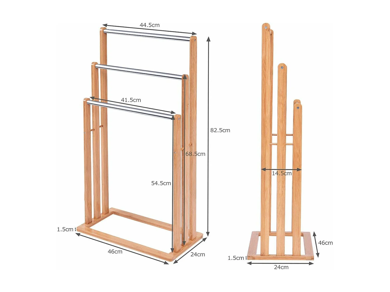 Vrijstaand handdoekenrek, Stevig bamboe handdoekenrek, badkamer organizer met 3 handdoekenrekken, handdoekenrek gemaakt van bamboe en roestvrij staal