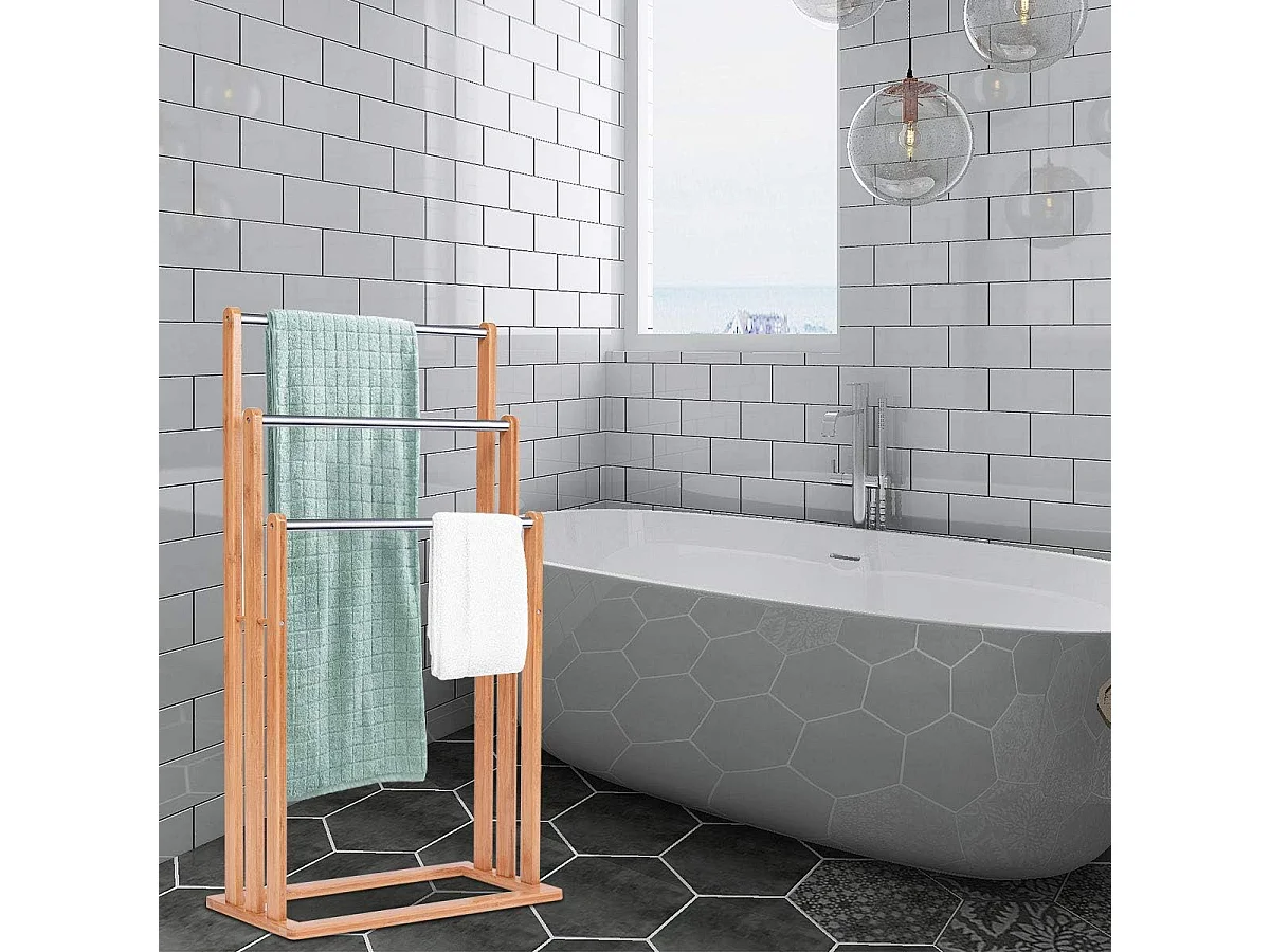 Vrijstaand handdoekenrek, Stevig bamboe handdoekenrek, badkamer organizer met 3 handdoekenrekken, handdoekenrek gemaakt van bamboe en roestvrij staal