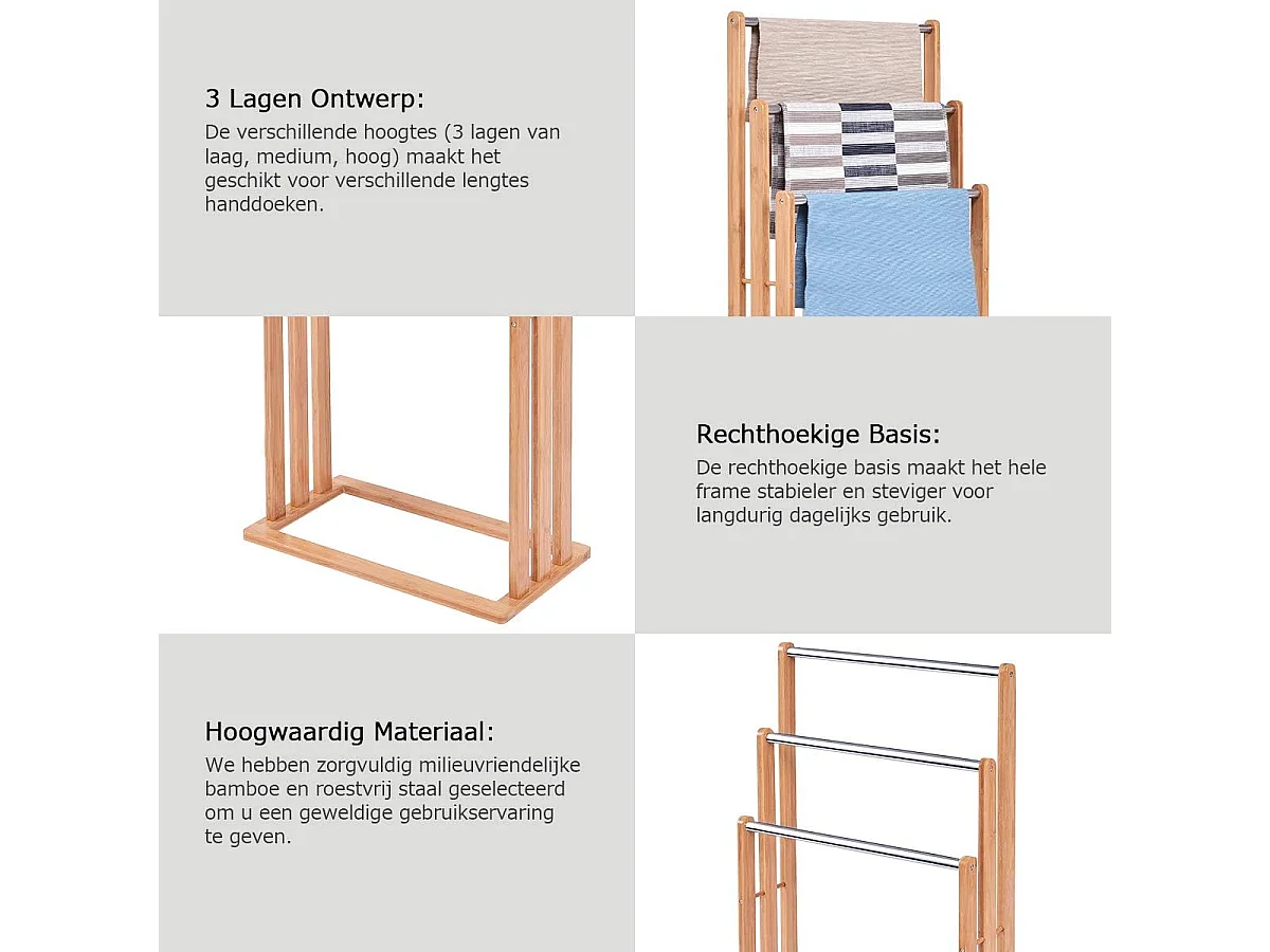 Vrijstaand handdoekenrek, Stevig bamboe handdoekenrek, badkamer organizer met 3 handdoekenrekken, handdoekenrek gemaakt van bamboe en roestvrij staal