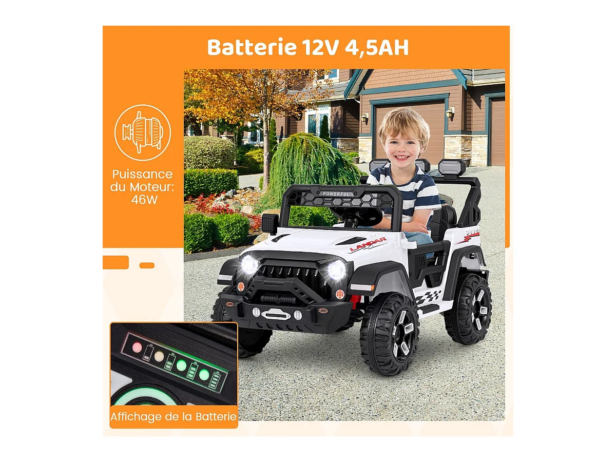 12V Voiture Électrique Enfant avec Télécommande 2,4G, Véhicule Électrique avec Musique & Lumières LED, 3 Vitesses, Charge 30kg pour 3 Ans+ (Blanc)