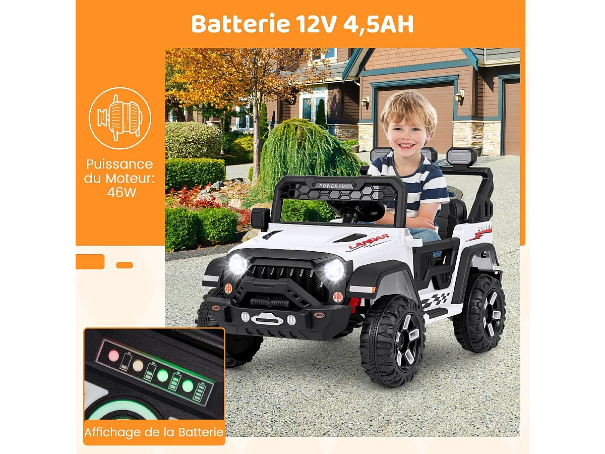 12V Voiture Électrique Enfant avec Télécommande 2,4G, Véhicule Électrique avec Musique & Lumières LED, 3 Vitesses, Charge 30kg pour 3 Ans+ (Blanc)