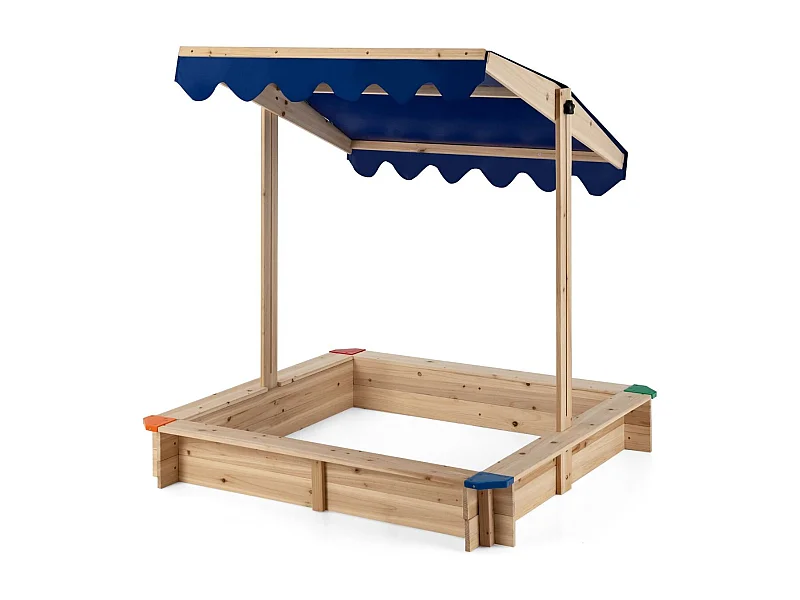Bac à Sable en Bois de Sapin avec Toit Réglable & Inclinable, Bac à Sable Extérieur avec Conception sans Fond, Charge 90kg pour Enfant de 3 Ans+, 121 x 121 x 120 cm