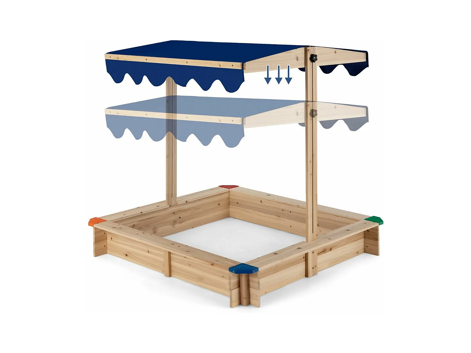 Bac à Sable en Bois de Sapin avec Toit Réglable & Inclinable, Bac à Sable Extérieur avec Conception sans Fond, Charge 90kg pour Enfant de 3 Ans+, 121 x 121 x 120 cm