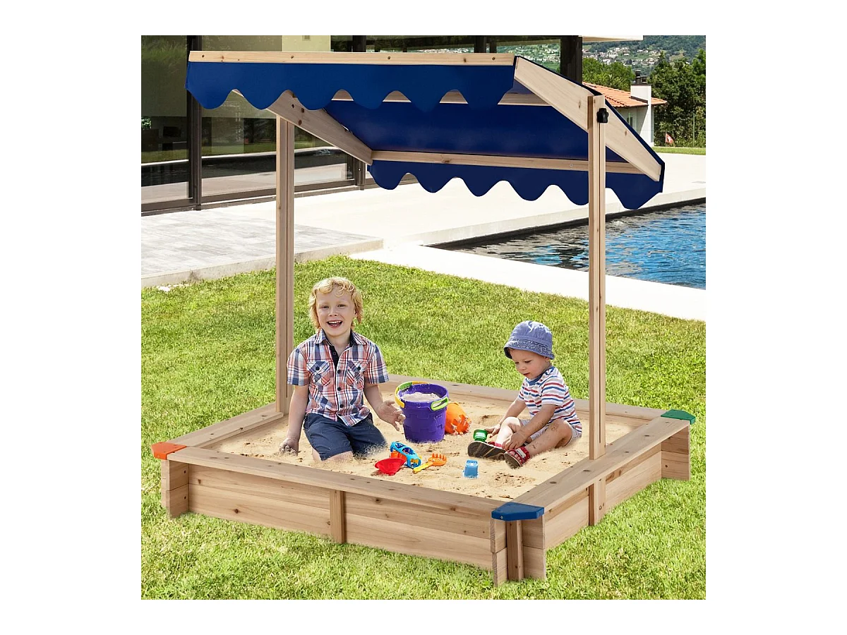 Bac à Sable en Bois de Sapin avec Toit Réglable & Inclinable, Bac à Sable Extérieur avec Conception sans Fond, Charge 90kg pour Enfant de 3 Ans+, 121 x 121 x 120 cm