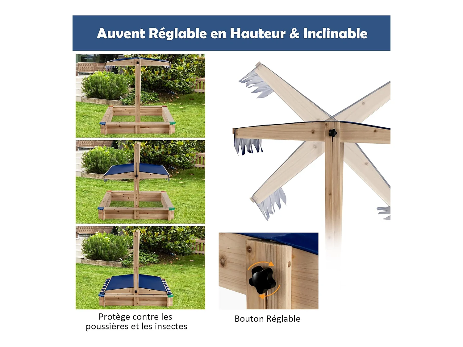 Bac à Sable en Bois de Sapin avec Toit Réglable & Inclinable, Bac à Sable Extérieur avec Conception sans Fond, Charge 90kg pour Enfant de 3 Ans+, 121 x 121 x 120 cm