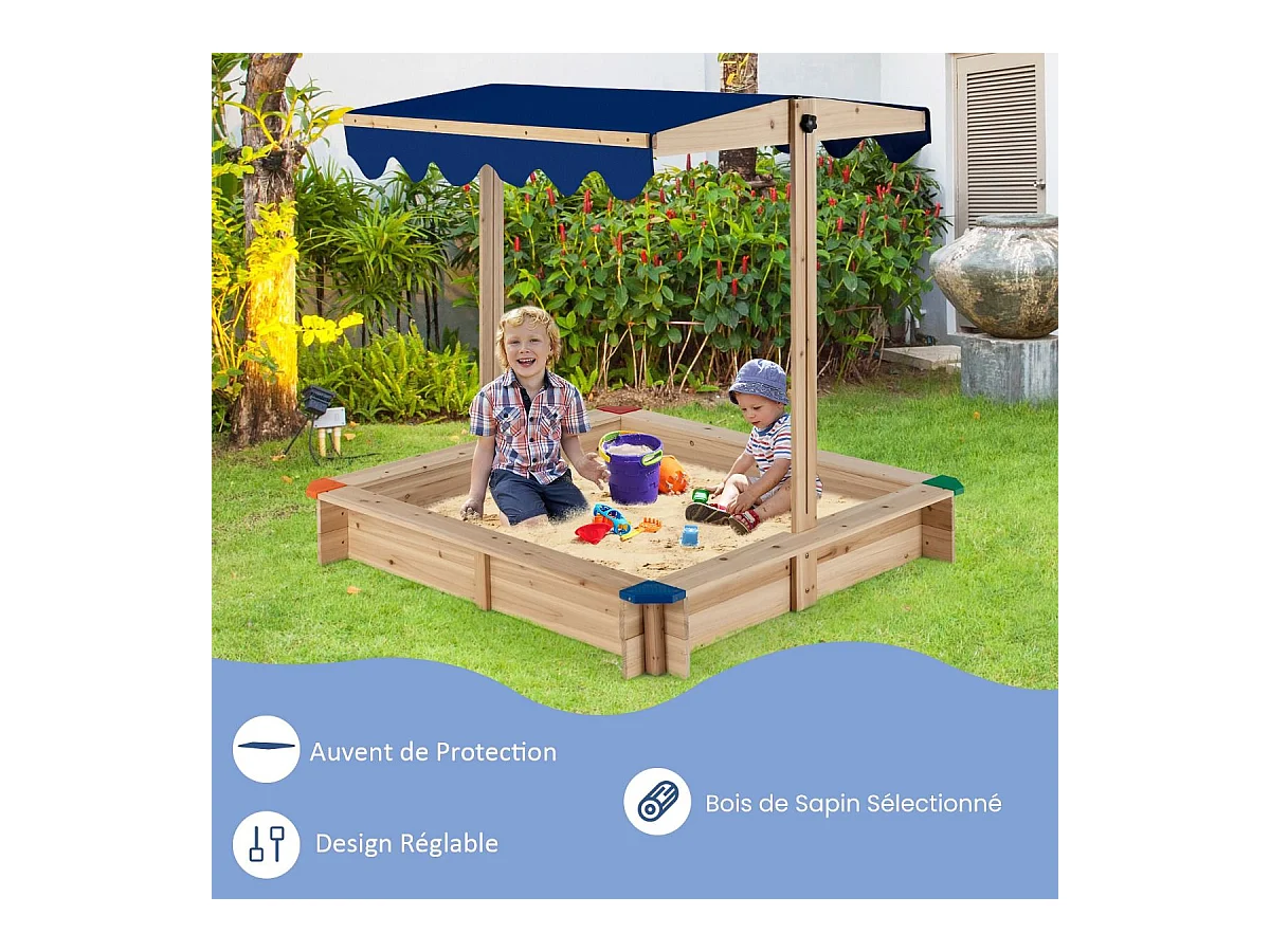 Bac à Sable en Bois de Sapin avec Toit Réglable & Inclinable, Bac à Sable Extérieur avec Conception sans Fond, Charge 90kg pour Enfant de 3 Ans+, 121 x 121 x 120 cm