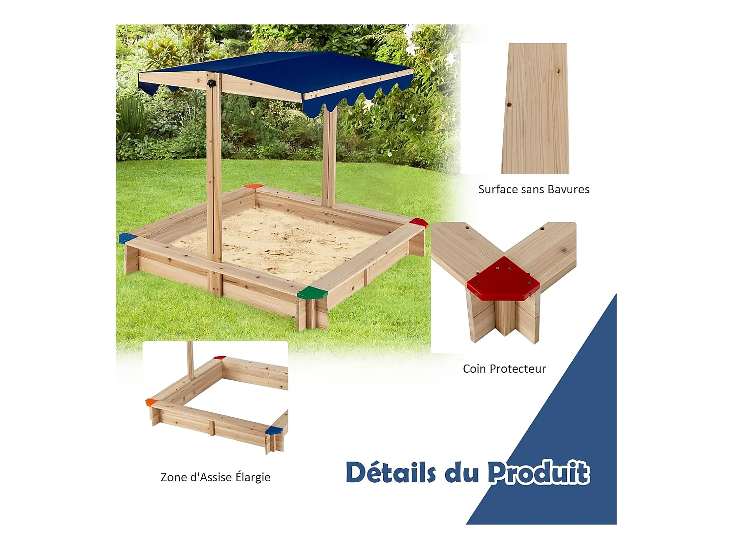 Bac à Sable en Bois de Sapin avec Toit Réglable & Inclinable, Bac à Sable Extérieur avec Conception sans Fond, Charge 90kg pour Enfant de 3 Ans+, 121 x 121 x 120 cm